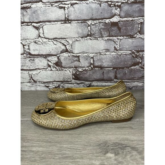 Tory Burch Straw Reva Gold Leather Logo Ballet Flats Women’s Sz 7.5M US/38EU - Picture 12 of 16
